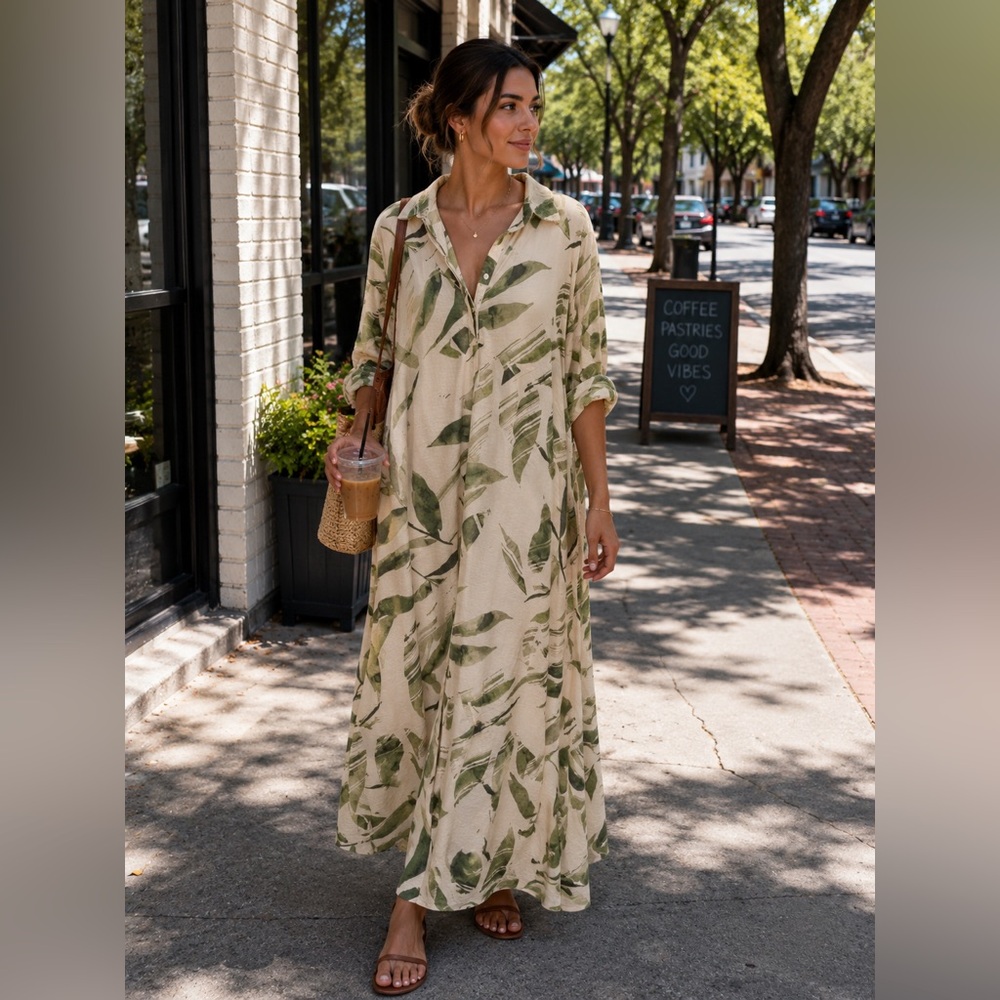 Iconic dress- Tropical Leaf Print‎ Maxi Dress – Effortlessly Chic